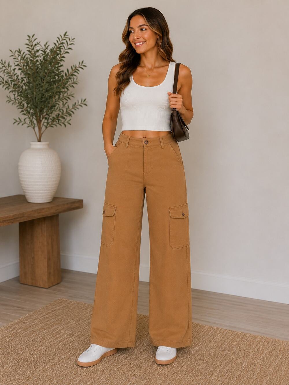 Happy Nature Tan Cargo Utility Pants Cropped Straight Leg Size 8
